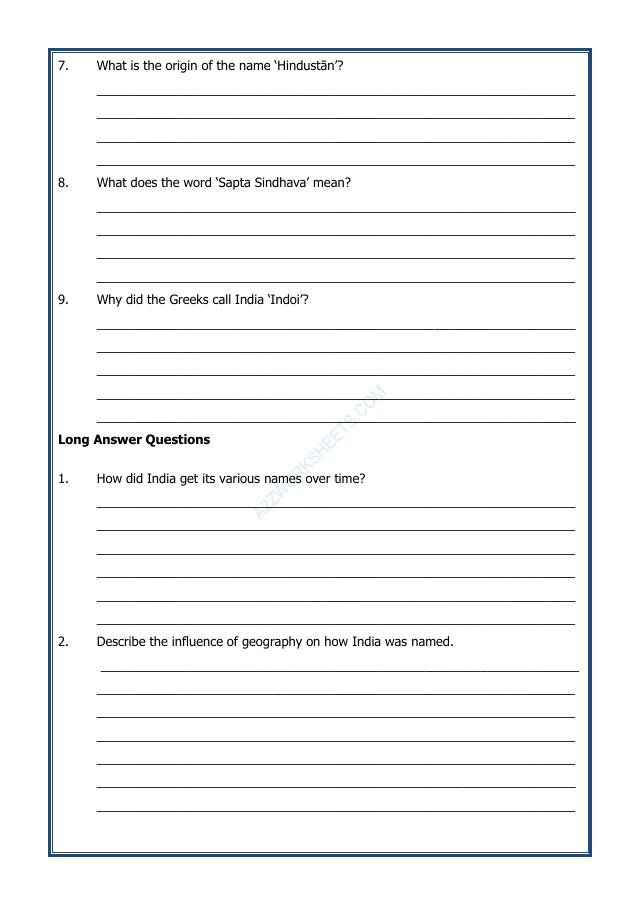 A2ZWorksheets:General Awareness-India and Its Neighbouring Countries-India that is Bharat