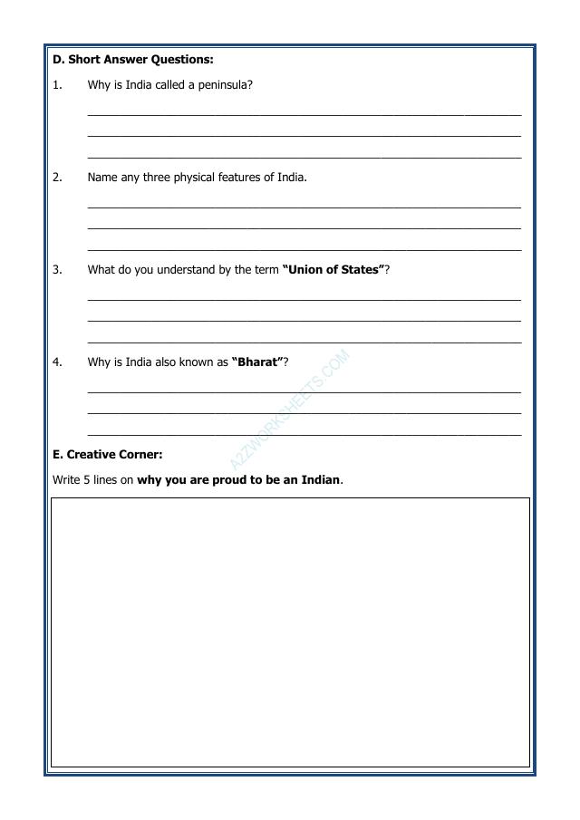A2ZWorksheets:General Awareness-India and Its Neighbouring Countries-India that is Bharat-02