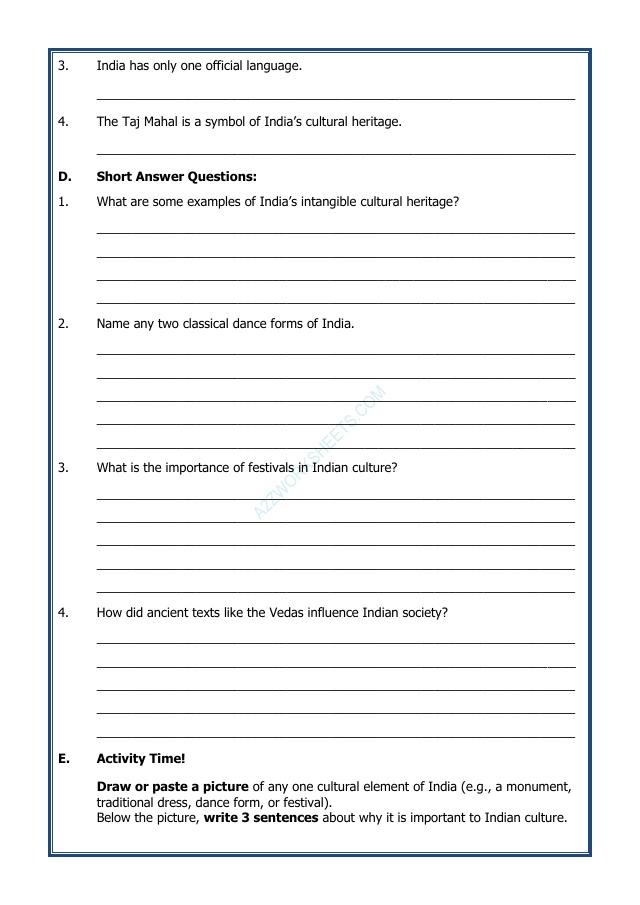 A2ZWorksheets:General Awareness-India and Its Neighbouring Countries-India's Cultural Roots-02