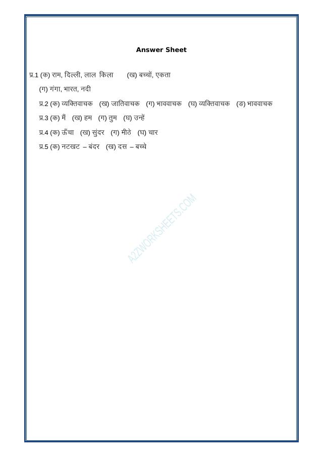 A2ZWorksheets:Language-Hindi-Sangya, Sarvnaam aur Visheshan