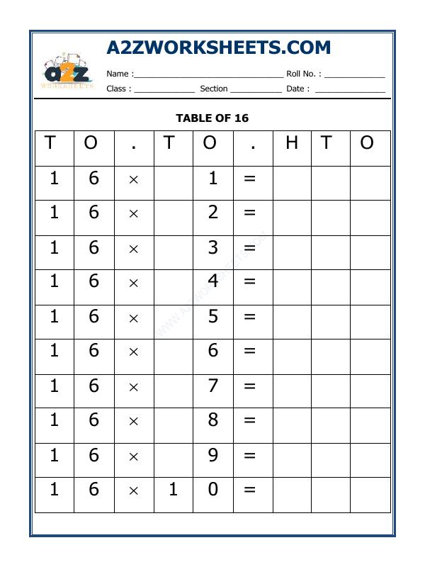 A2zworksheets Worksheet Of Table Of Sixteen Multiplication Maths