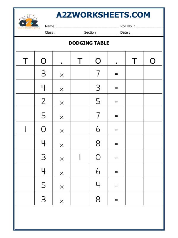 A2Zworksheets:Worksheet of Dodging Table - 03-Multiplication-Maths