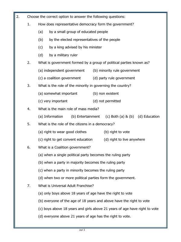 A2ZWorksheets:General Awareness-India and Its Neighbouring Countries-Key Elements Of A Democratic Government