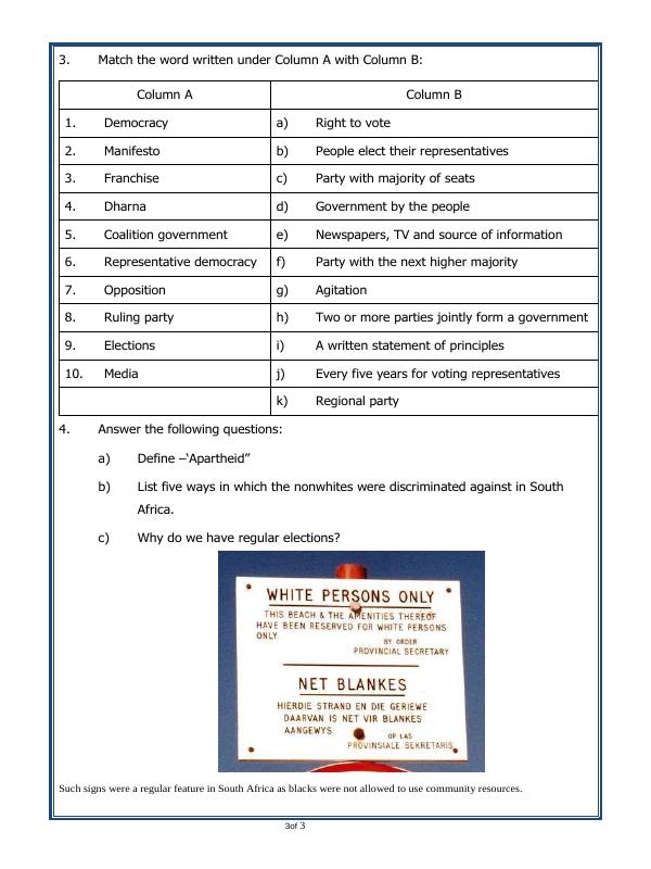 A2ZWorksheets:General Awareness-India and Its Neighbouring Countries-Key Elements Of A Democratic Government
