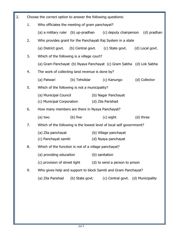 A2ZWorksheets:General Awareness-India and Its Neighbouring Countries-Panchayati Raj.