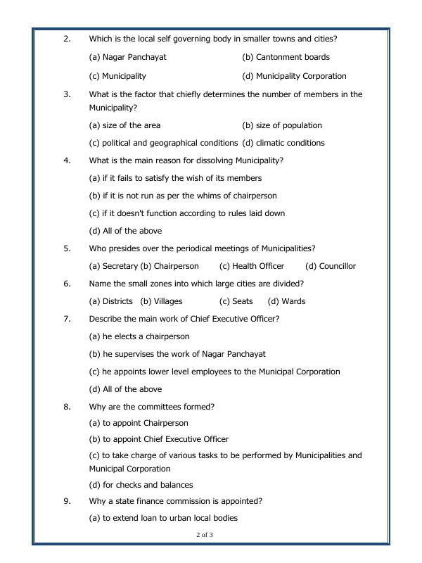 A2ZWorksheets:General Awareness-India and Its Neighbouring Countries-Urban Administration