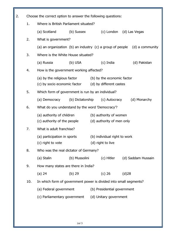 A2ZWorksheets:General Awareness-India and Its Neighbouring Countries-What Is Government